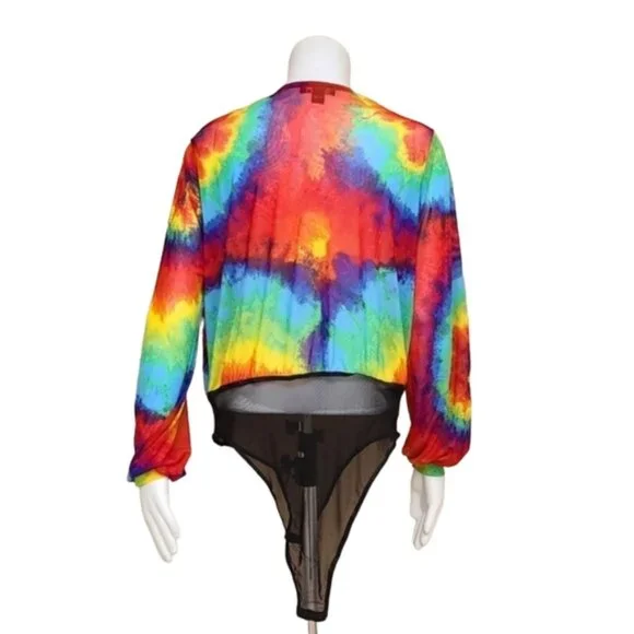 LOVE BRAND Rainbow Tie Dye Long Sleeve Bodysuit L Pride Festival Rave Faux Wrap - Picture 4 of 16